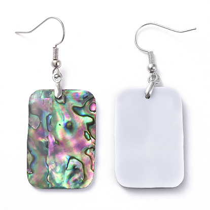 Abalone Shell/Paua Shell Dangle Earrings, with Brass Ice Pick Pinch Bails and Earring Hooks, 
Rectangle
