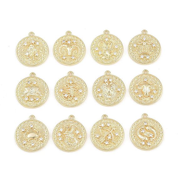 Brass Micro Pave Clear Cubic Zirconia Pendants, Flat Round with Constellation Charms, Rack Plating, Long-Lasting Plated, Cadmium Free & Lead Free, Golden