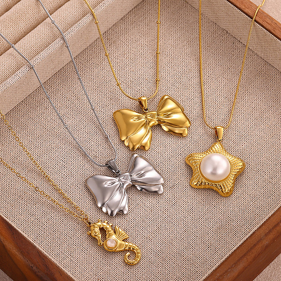 304 Stainless Steel Pendant Necklaces, Bowknot Starfish Heart