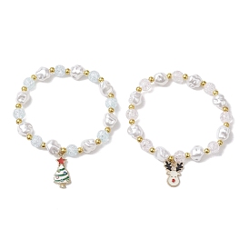 2Pcs 2 Styles Christmas Tree & Deer Alloy Enamel Charm Bracelet Sets, Acrylic Imitation Pearl Beaded Stretch Bracelets