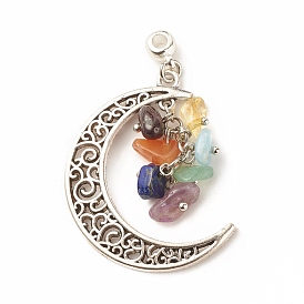 7 pendentifs de puces de pierres précieuses mélangées naturelles chakra, breloques de lune en alliage plaqué argent antique