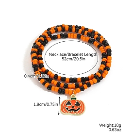 Dual-use Items, Goth Halloween Pumpkin Alloy Enamel Pendants Necklaces or Bracelets, Glass Seed Beads Beaded Necklaces for Women