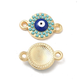 Alloy Connector Charms with Enamel and Synthetic Turquoise, Flat Round Links with Blue Evil Eye, Nickel