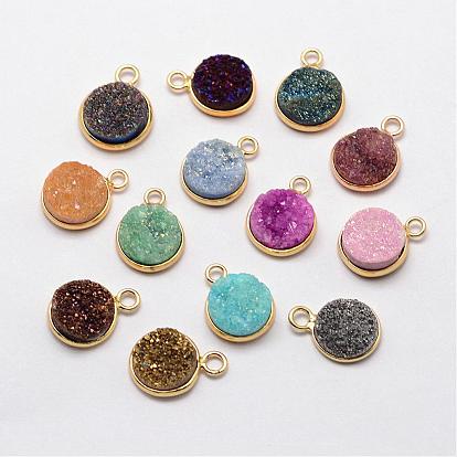 Electroplate Natural Druzy Quartz Crystal Pendants, Dyed, with Golden Plated Brass Finding, Flat Round