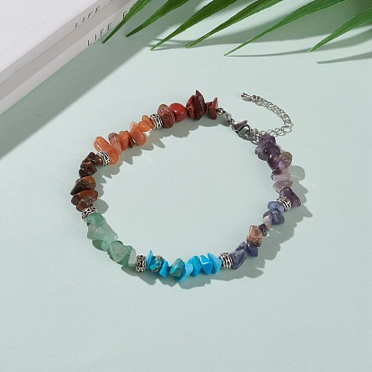 Chakra Jewelry, Chips Natural & Synthetic Gemstone Beads Anklets, with Alloy Beads and 304 Stainless Steel Lobster Claw Clasps, Antique Silver & Platinum