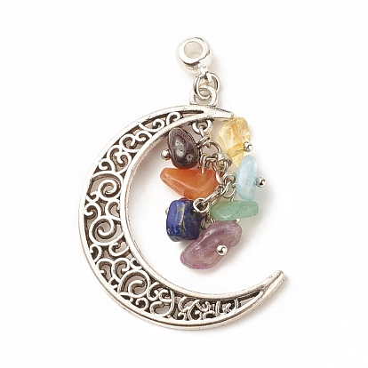 7 pendentifs de puces de pierres précieuses mélangées naturelles chakra, breloques de lune en alliage plaqué argent antique