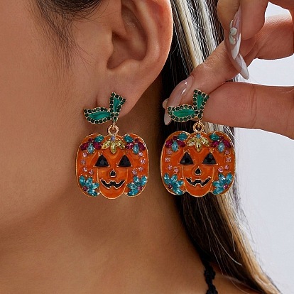 Halloween Alloy & Rhinestone & Enamel Stud Earrings, Pumpkin, Golden