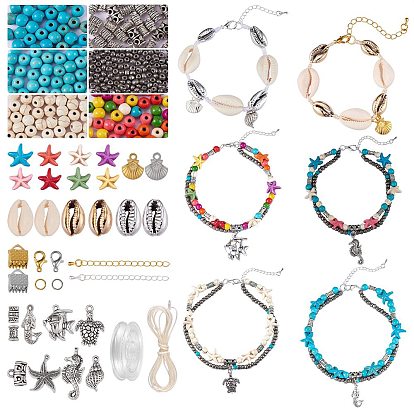 DIY Ocean Theme Anklet Making Kit, Including Synthetic Turquoise & Cowrie Shell & Glass Seed Beads, Alloy Beads & Pendants & Clasp, Iron Findings, Brass End Chain, Nylon & Elastic Thread