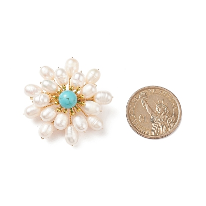Gemstone & Pearl Braided Bead Flower Lapel Pin, Golden 304 Stainless Steel Brooch for Women