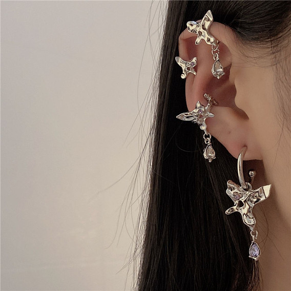 Sweet and spicy butterfly overlapping phantom water drop zircon earrings ear bone clip painless ball chain tassel earrings for women