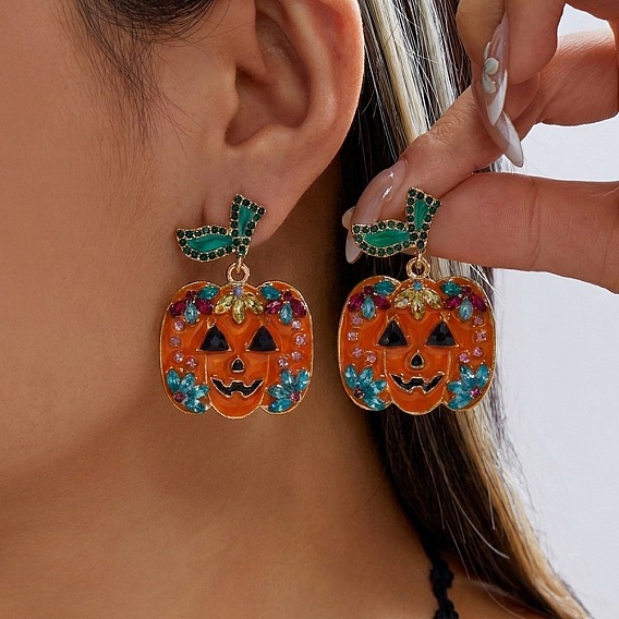 Halloween Alloy & Rhinestone & Enamel Stud Earrings, Pumpkin, Golden