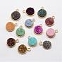 Electroplate Natural Druzy Quartz Crystal Pendants, Dyed, with Golden Plated Brass Finding, Flat Round