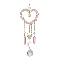 Natural Gemstone Chip Beads with Brass Findings Pendant Decorations, Heart Hanging Suncatcher