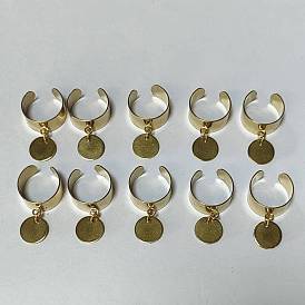 304 Stainless Steel Open Cuff Finger Rings, with 201 Stainless Steel Flat Round Pendant