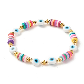 Handmade Polymer Clay Heishi Beads Stretch Bracelet, Flat Round Evil Eye Lampwork Beads Lucky Bracelet with Daisy Alloy Spacer Beads for Girl Women