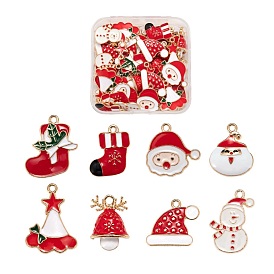 48Pcs 8 Style Christmas Theme Alloy Enamel Pendants, Cadmium Free & Lead Free, Light Gold, Bell & Hat & Sock & Santa Claus & Snowman