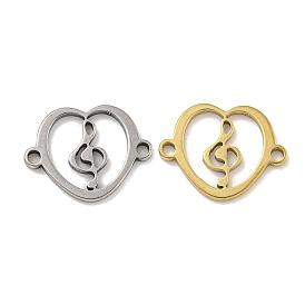 201 Stainless Steel Hollow Connector Charms, Heart Links with Musical Note