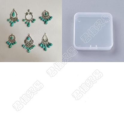 24Pcs 6 Styles Teardrop Dyed Synthetic Turquoise Pendants Set, Tibetan Style Alloy Chandelier Components Link Charm, Antique Silver