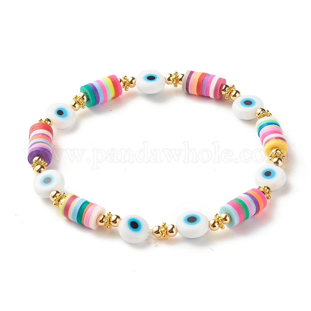 Handmade Polymer Clay Heishi Beads Stretch Bracelets, with Alloy Spacer  Beads, Yellow, 2-1/8 inch(5.4cm)