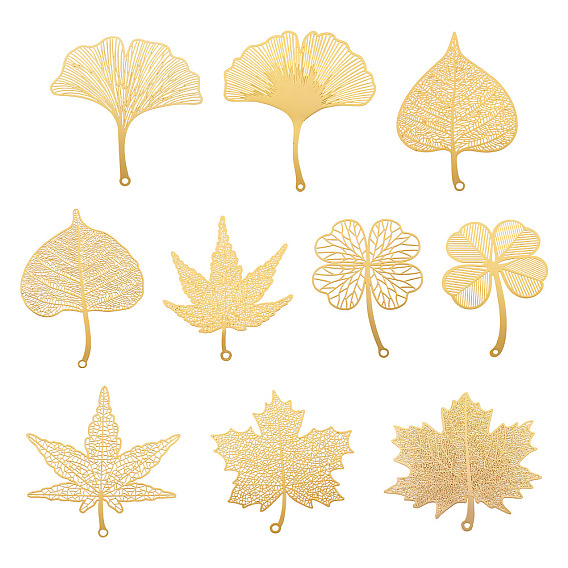 20шт 10 стили латунные филигранные большие подвески, лист, гравированные металлические украшения