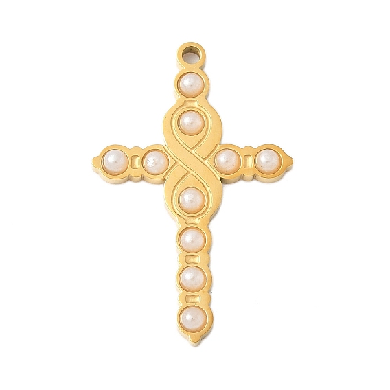 304 подвески из нержавеющей стали, крестик, с пластмассовой жемчужиной abs, ионное покрытие (ip)