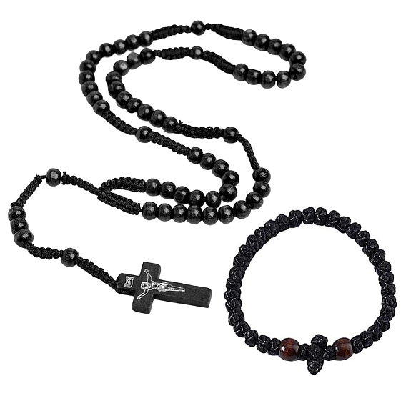 Комплекты ожерелий и эластичных браслетов из переплетенных деревянных бусин из полиэстера