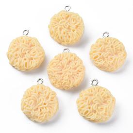 Resin Pendants, with Platinum Plated Iron Loop, Flat Round with Noodles