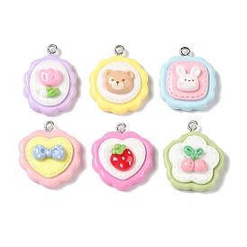Opaque Resin Pendants, Cartoon Rabbit/Bear/Strawberry/Cherry Charms with Platinum Plated Iron Loops