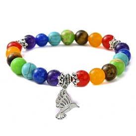 Hummingbird 201 Stainless Steel Charm Bracelets, Chakra Natural & Synthetic Mixed Stone Stretch Bracelets for Women