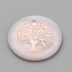Freshwater Shell Pendants, with Iron Findings, Flat Round with Tree of Life, Rose Gold
