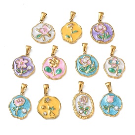 304 Stainless Steel Enamel Pendants, Nuggets with Flower Charmss, with ABS Imitation Pearl, Ion Plating(IP), Long-Lasting Plated, Golden