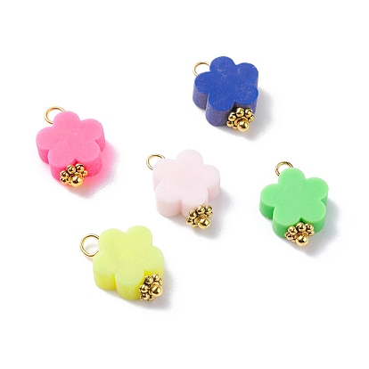 Flower Handmade Polymer Clay Pendants, with Golden Tone Alloy and Brass Findings