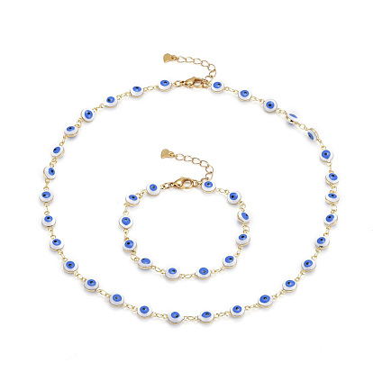 Brass Enamel Evil Eye Link Chain Bracelets & Necklaces Jewelry Sets, with 304 Stainless Steel Lobster Claw Clasps, Deep Sky Blue