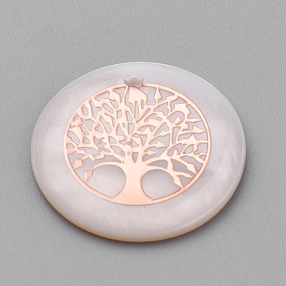 Freshwater Shell Pendants, with Iron Findings, Flat Round with Tree of Life, Rose Gold