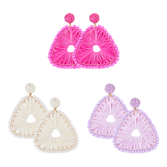 3 пары 3 цвета плетеные треугольные серьги-гвоздики из рафии для женщин, Длинные серьги-капли из стеклянных бусин со 304 булавками из нержавеющей стали