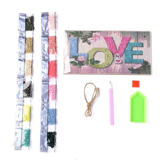 DIY Wall Decor Sign Diamond Painting Kits, Rectangle Wood Board & Flower with Word LOVE, with Acrylic Rhinestone, Pen, Tray Plate, Glue Clay and Hemp Rope