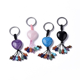 Natural & Synthetic Mixed Gemstone Heart with Mixed Gemstone Tassel Keychains, with 304 Stainless Steel Ring Clasps
