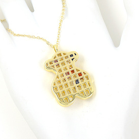 Chic Double-Sided Grid Bear Necklace - Versatile Hollow Out Pendant for Women's Luxury Fashion