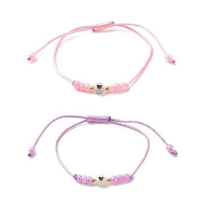 2 Плоские круглые браслеты из плетеных акриловых бусин с сердцем и стеклянными семенами, регулируемые браслеты со светящимися бусинами для женщин