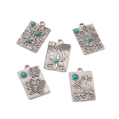 Synthetic Turquoise Half Round Pendants, Rectangle Charms, with Rack Plating Antique Silver Tone Alloy Findings, Dragonfly/Rainbow/Flower/Butterfly Pattern