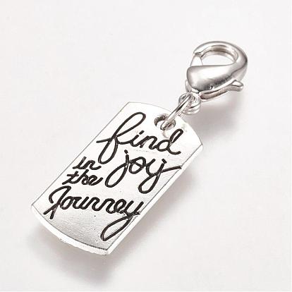 Alloy Pendant, with Brass Lobster Claw Clasps, Rectangle with Find Joy in the Journey