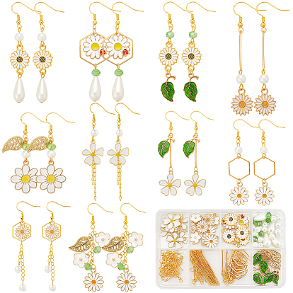 Наборы для самостоятельного изготовления сережек-подвесок в виде ромашек, в комплекте латунные крючки для серег, Стеклянные бусины, Подвески из эмали и сплава, Перейти латунные
