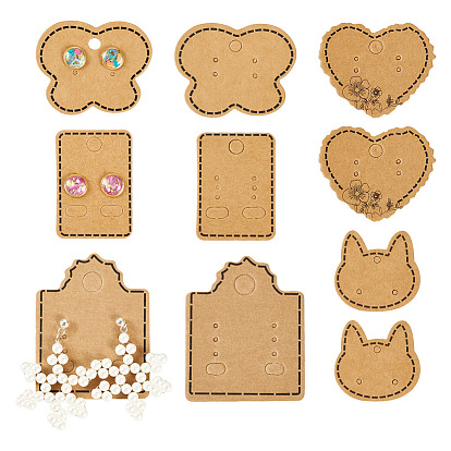 150шт 5 стили крафт-бумага серьги дисплей карты, с 5 металлическими стяжками из металлической проволоки, кот, прямоугольник, сердце и бабочка, разнообразные