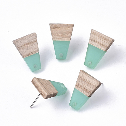 Transparent Resin & Cedarwood Stud Earring Findings, with 304 Stainless Steel Pin, Trapezoid