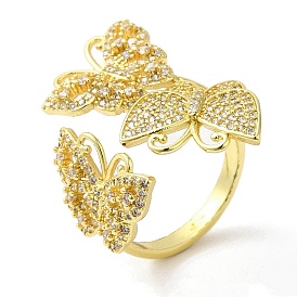 Clear Cubic Zirconia Triple Butterfly Open Cuff Ring, Rack Plating Brass Jewelry, Lead Free & Cadmium Free