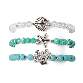 3шт 3 стили круглые стеклянные и синтетические бирюзовые бусины наборы тянущихся браслетов для женщин, Сплавочные овальные бусины тибетского стиля , разнообразные