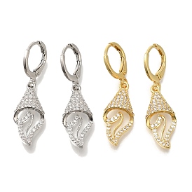 Серьги-кольца из латуни с микропаве из прозрачного кубического циркония в форме ракушки, долговечный, без свинца и без кадмия