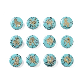 Synthetic Turquoise Beads, with Golden Tone Brass Slices, Flat Round with Constellations