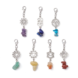 7Pcs Chakra Alloy Pendant Decoraton, with 7 Colors Yoga Chakra Natural Green Aventurine & Red Aventurine & Lapis Lazuli & Red Jasper & Synthetic Turquoise & Amethyst & Topaz Jade Chips Beads