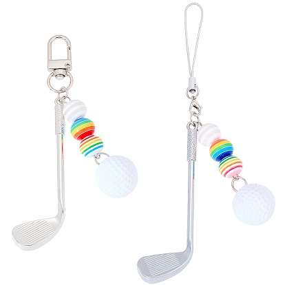 2Pcs 2 Styles Golf Plastic & Alloy Pendant Decorations, with Alloy Clasps